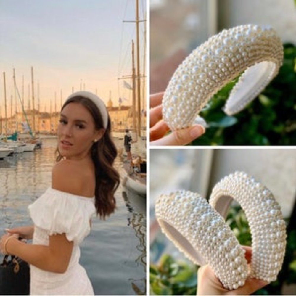 White Velvet Pearl Headband / Padded